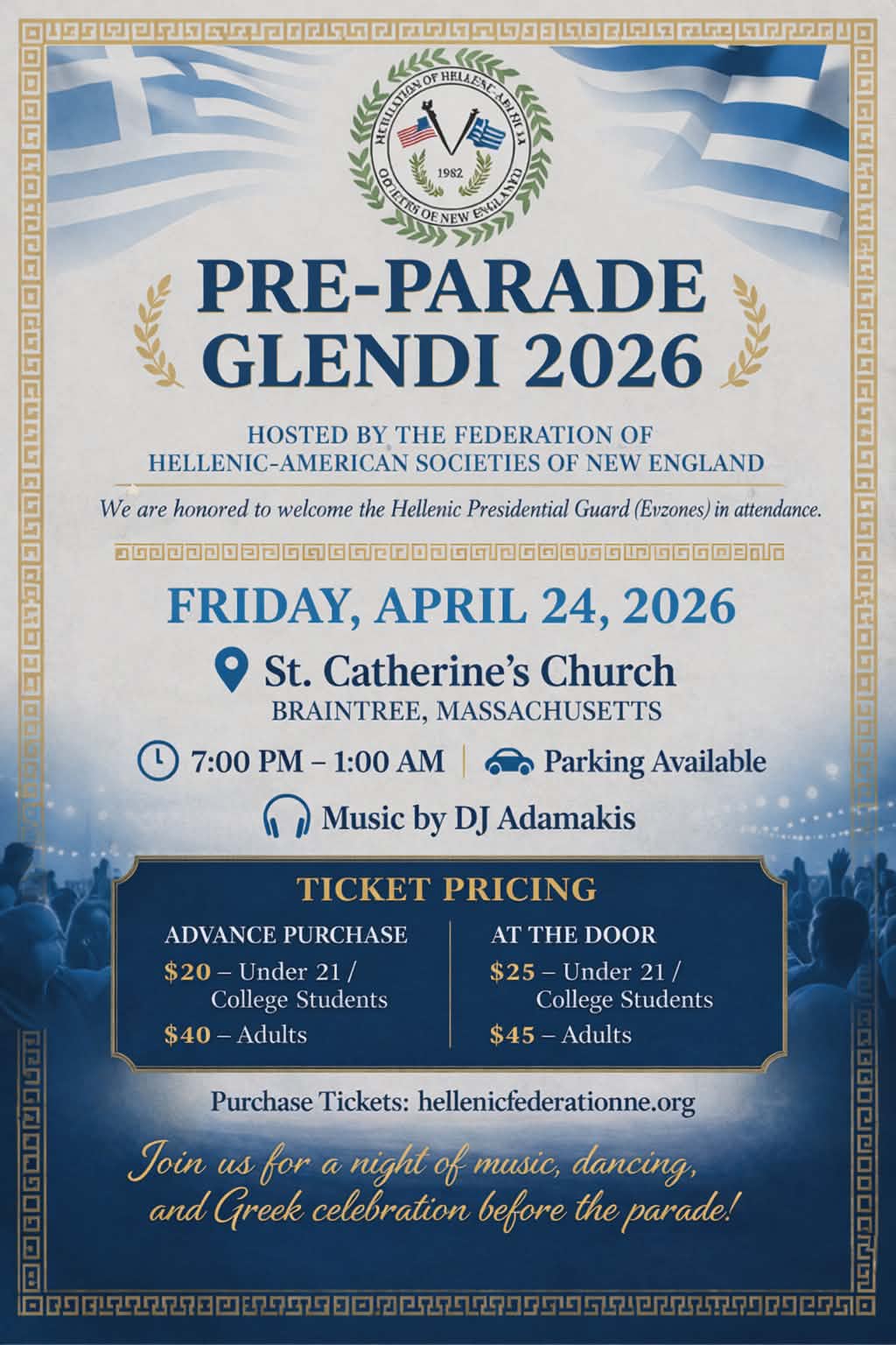 Pre-Parade Glendi flyer — Friday, April 24, 2026 at St. Catherine's in Braintree, MA from 7 PM to 1 AM